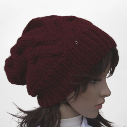 Hand Knit Slouchy Beanie - Chunky Wool Blend Hat