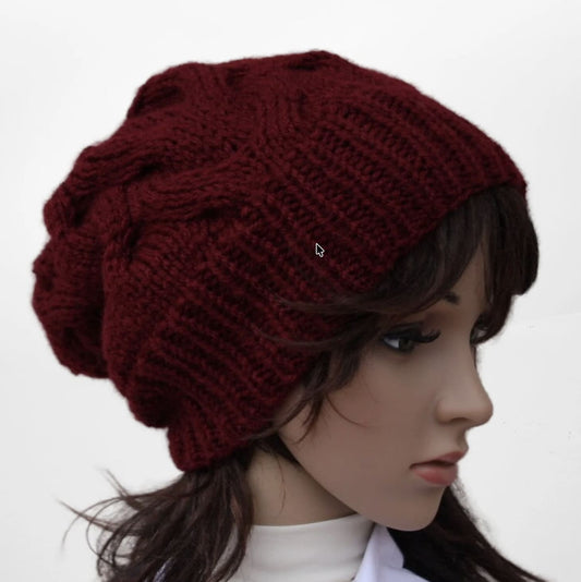 Hand Knit Slouchy Beanie - Chunky Wool Blend Hat